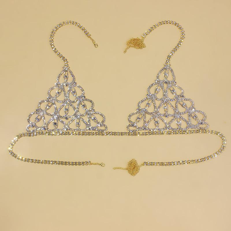 Sexy body chain, chest chain, fashionable luxury, heart-shaped rhinestone, lingerie set, nightclub clothing