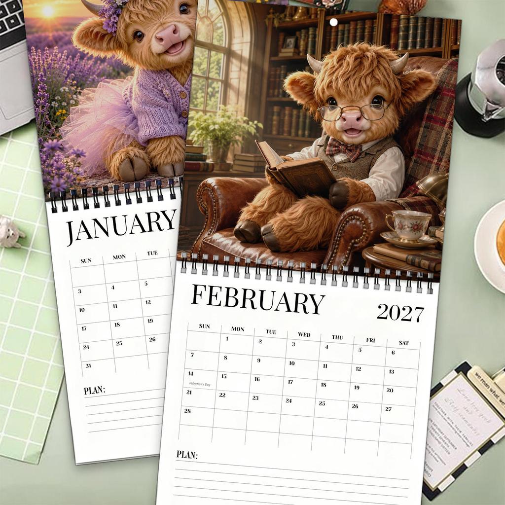 1 Pc Highland Cow Wall Calendar, Spiral Bound 12 Month Animal Calendar with Large Writable Date Boxes, Home Office Decor Gift