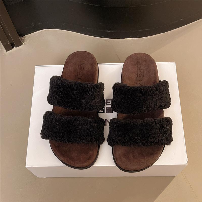 

Muffin thick bottom one-word fluffy slippers women wear 2025 autumn and winter new Internet celebrity fairy wind heightening cotton slippers 35
