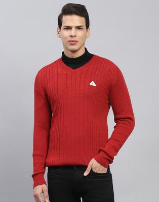 Jersey de hombre de color granate liso con cuello en V y manga larga