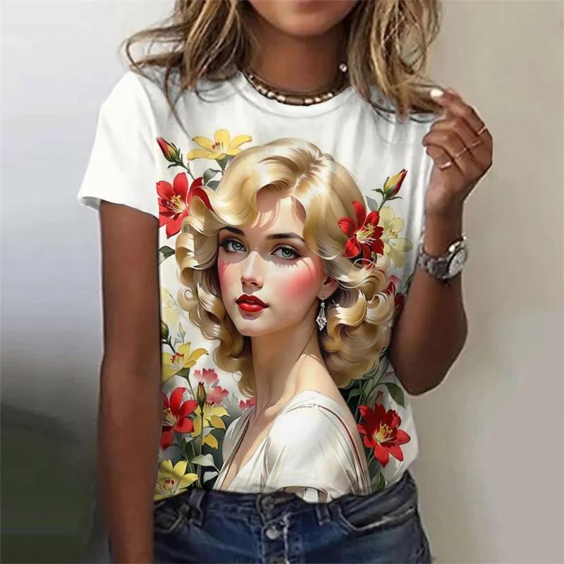 

Beautiful Girl Flower Pattern T-shirt For Women Cartoon 3d Printed Tees Summer Casual Loose T Shirts O-neck Tops Short Sleeves 3XL