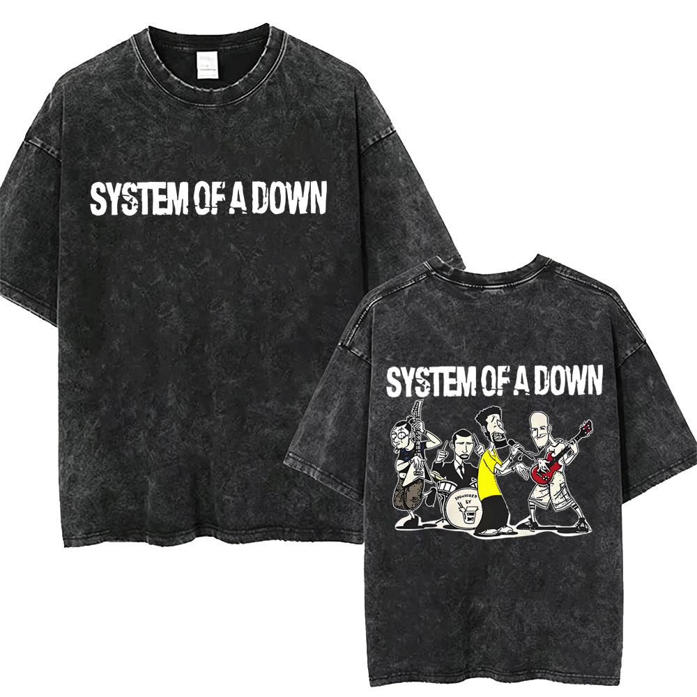 T-shirt Vintage Lavé System Of A Down Homme Rétro Rock Metal T-shirts Oversize Homme Décontracté Coton Haute Qualité