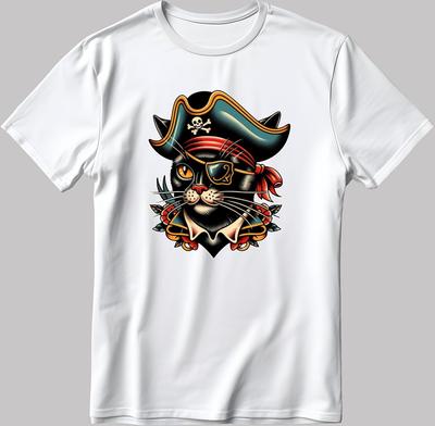 Chat Pirate S. Manche Blanc-Noir T-shirt Homme / Femme P313