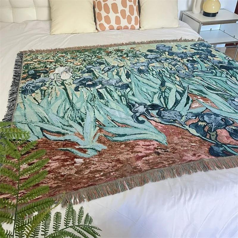 Vintage Iris Blume Überwurfdecke Ölgemälde Stil Dünne Decken für Bett Einzelplatz Gewebt Sofa Handtuch Heimdeko Wandteppich