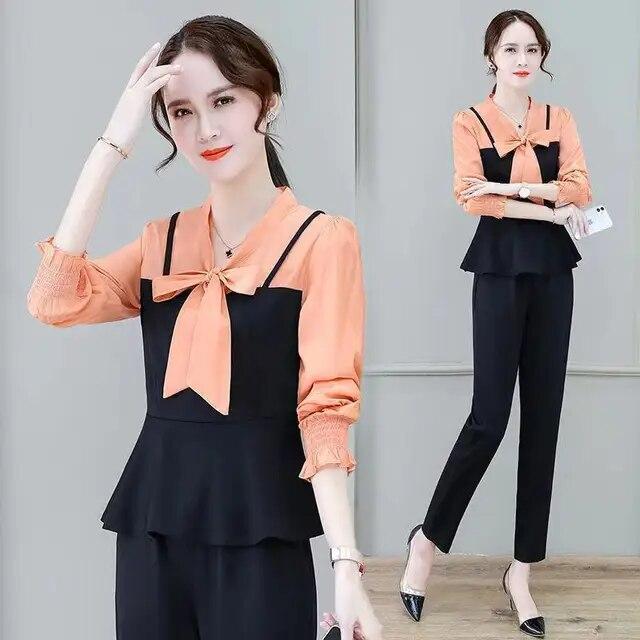 

Новая модная женская шифоновая рубашка FakeTwo Pieces с бантом и v-образным вырезом, блузка с длинными рукавами, S-3XL XL оранжевый