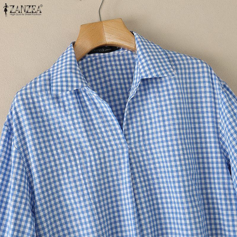 ZANZEA Women Casual Turn Down Collar Plaid Print Loose 3/4 Sleeve Blouse