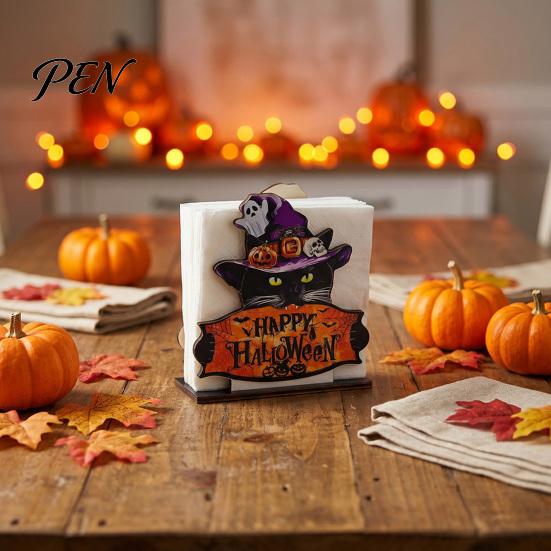 Cute Kitchen Counter Storage Halloween Ghost/Cat Wooden Napkin Holder, Paper Towel Decorative Cartoon Table Decor Stand, Freestanding Tissue Dispenser