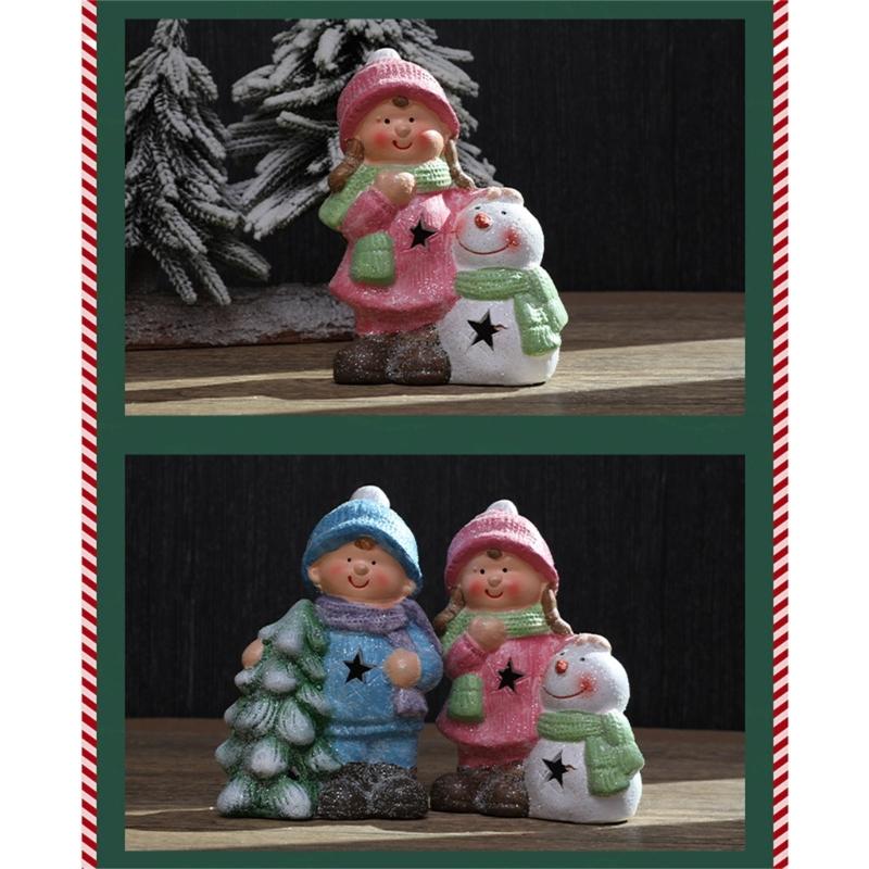 Ceramic Boy Girl Figurine Ornament with LED Light Tabletop Decoration Ideal Gift for Family Friend Birthday Christmas