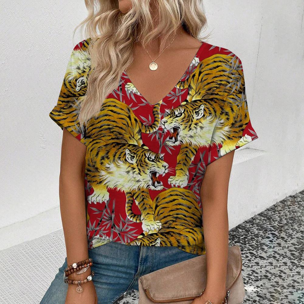 Mode femmes T-Shirts vêtements ample surdimensionné femme vêtements col en V à manches courtes t-shirt pull animaux léopard tigre haut