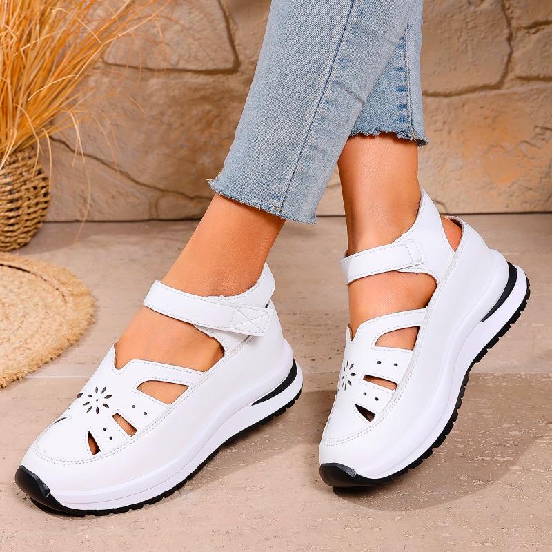 Fashion Women's Summer Selling Sandals 2025 New PU Leather Hollow Design Fashion Hook & Loop Non-slip Thick-soled Mujer Zapatos