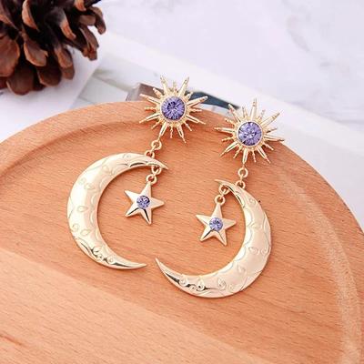 Fashionable Alloy Earrings With A Personalized Design Of Inlaid Diamonds, Star And Moon Shapes, And Purple Gemstones