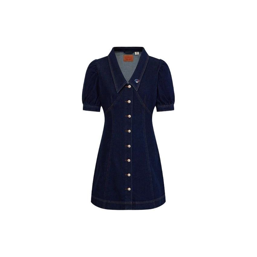 Levis Solid Color Vintage V-Neck Waist-Defining Versatile Slim Fit Denim Short Sleeve Dress Women Dresses Dark-Blue A6814-0000
