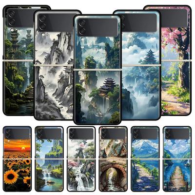 Landscape Art Phone Case For Samsung Galaxy Z Flip3 Flip4 Flip5 PC Bumper Shell For Z Flip 3 4 5 Black Hard Folding Back Cover