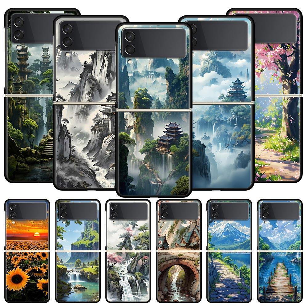 Landscape Art Phone Case For Samsung Galaxy Z Flip3 Flip4 Flip5 PC Bumper Shell For Z Flip 3 4 5 Black Hard Folding Back Cover