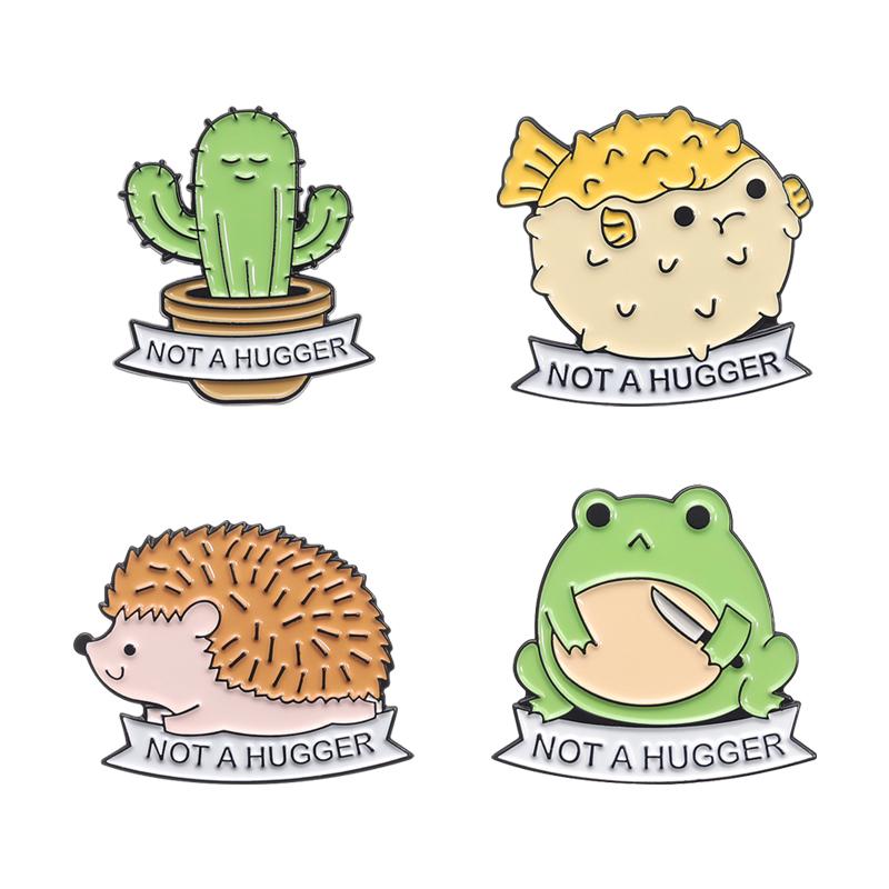 Hedgehog Cactus Not A Hugger Enamel Pins Cute Cartoon Thorny Animals Frog Brooch Backpack Lapel Badge Gift for Friends Wholesale
