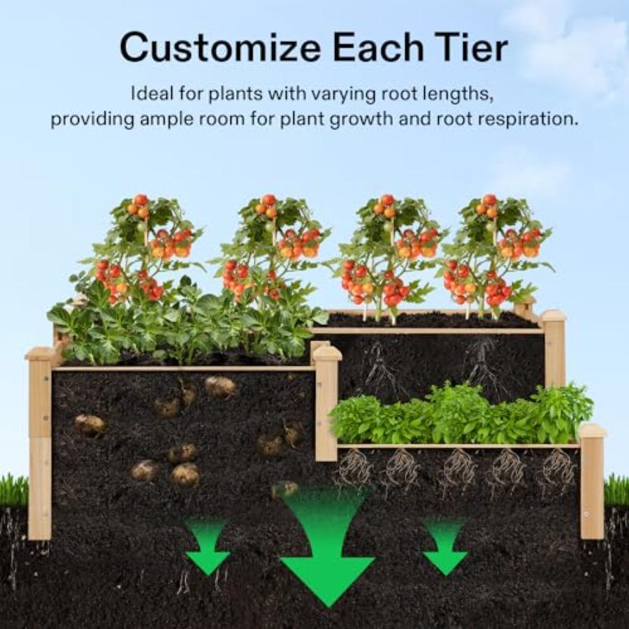 3-Tier 3-Grid Wooden Raised Garden Bed 42.5 X 34.5 X 15 Inches Outdoor Elevated Wood Planter Box with Screwdriver for Gardens P