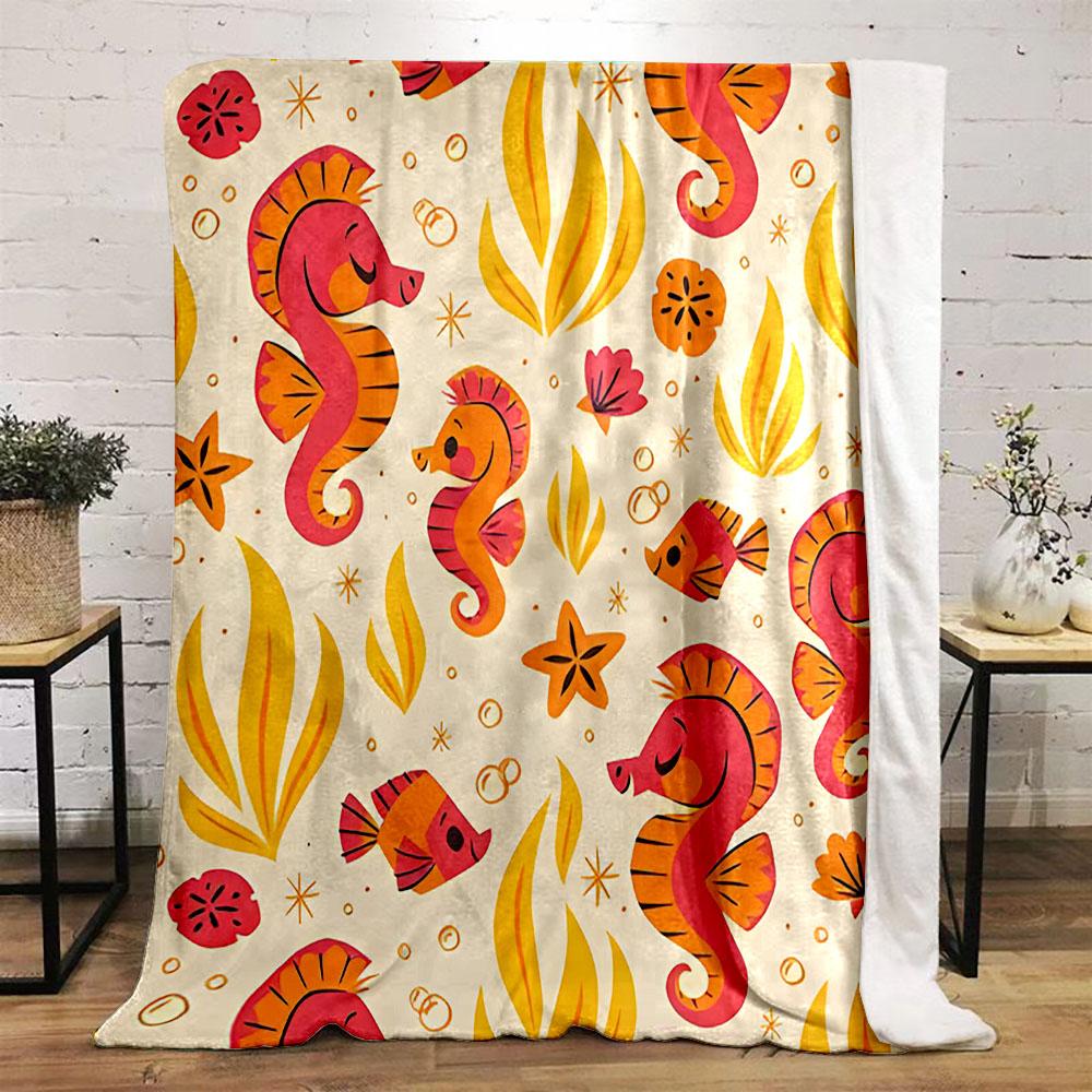 Whimsical Seahorses and Ocean Life Patterned flannel blanket perfect for the bedroom living room, sofa, or a little nap