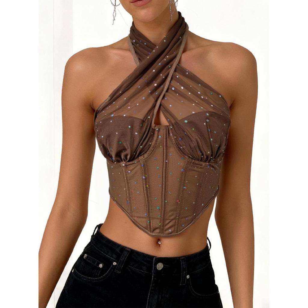 European & American Sexy See-Through Mesh Halter Top with Sequins & Fishbone Rhombus Pattern