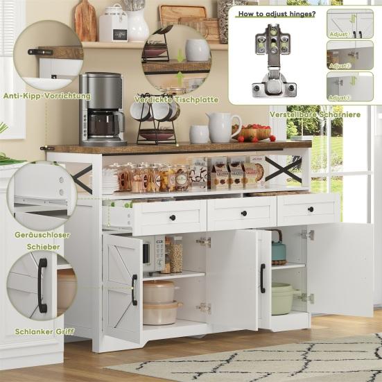 Buffet Sideboard 140cm with Storage Space, Coffee Bar with 3 Drawers, Country Style Console with Doors, Cupboards with Shelves, Suitable for Kitchen,