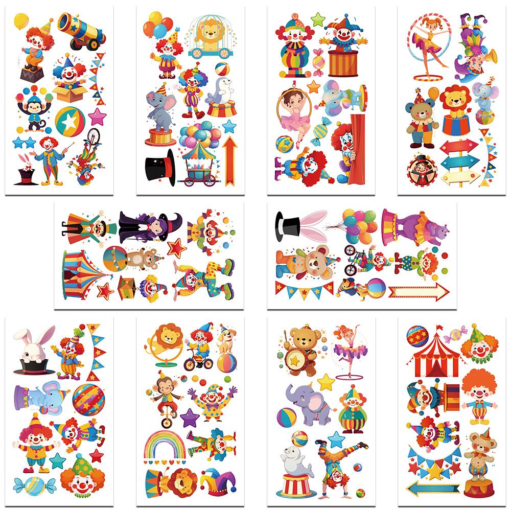 

10 листов мультяшных цирковых животных клоун татуировки наклейки для руки руки тела временные водонепроницаемые татуировки наклейки детские креативные подарки