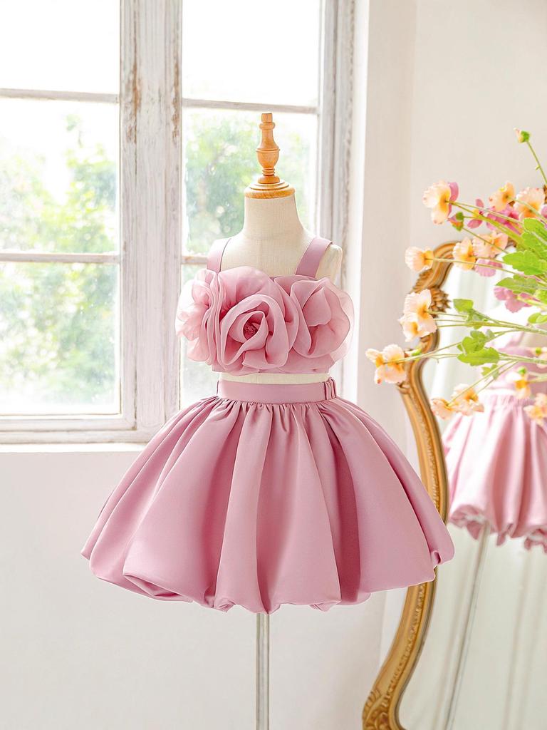 2025 Mädchen 3D Blumen Zweiteiliges Kleid mit voluminösem Rock – Festival & Abend Prinzessinnenkleid