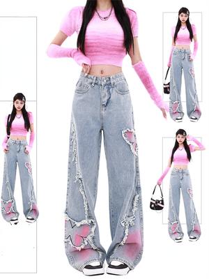 Women's Blue Baggy Butterfly Jeans Vintage Cowboy Pants Harajuku Denim Trousers Aesthetic Y2k Oversize Trashy 2000s Clothes 2024