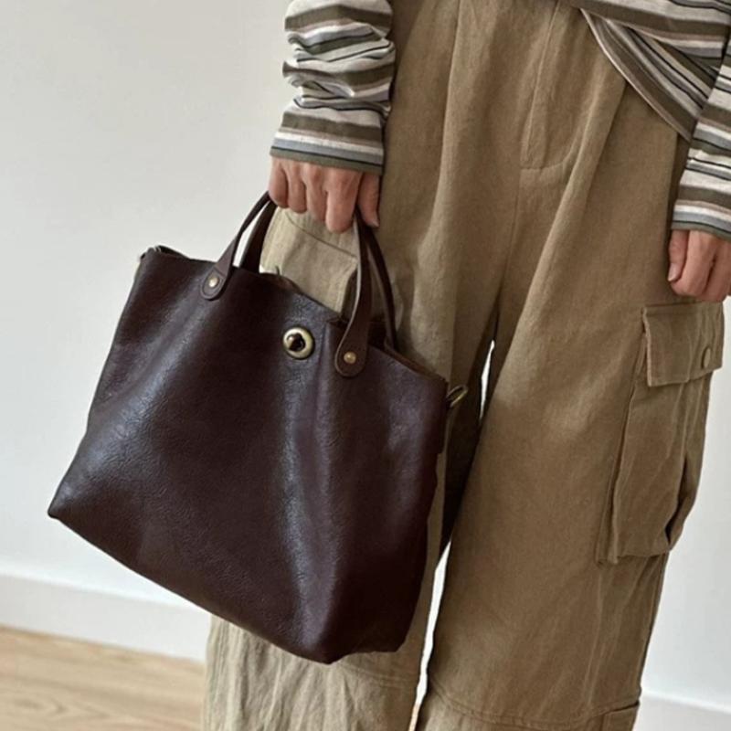 Vintage Genuine Leather Tote Bucket Bag Luxury Top-grain Cowhide Vegetable-tanned Crossbody Bag For Commuting Versatile Shopper