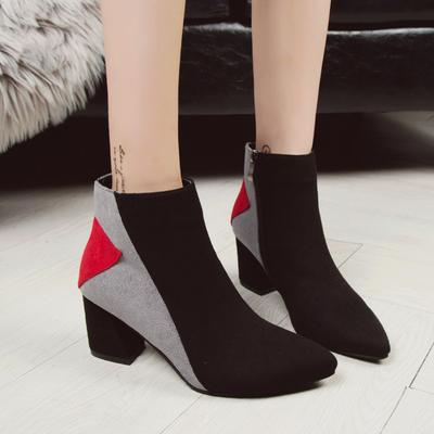 Spitze Zehenpartie Quadratischer Absatz Hohe Absätze Stiefeletten Einzelstiefel Damen Herbst Winterschuhe Frau Mischfarben Mode Stiefel weiblich