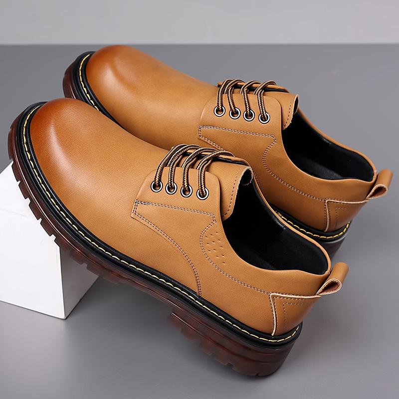 Men's Leather Thick-Soled Casual Derby Shoes for Spring/Autumn - Formal Black Low-Top Martin Boots