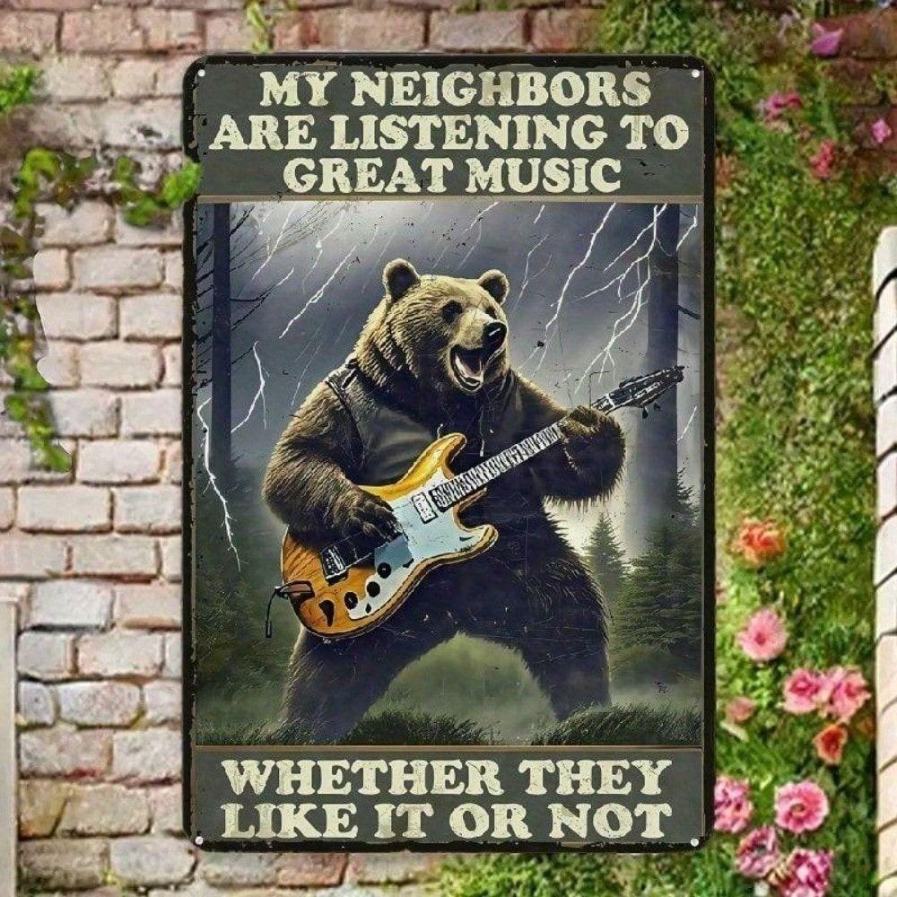 Metal Poster Vintage Guitar Bear 8x12 Inch Music Wall Art for Bar Pub Garage