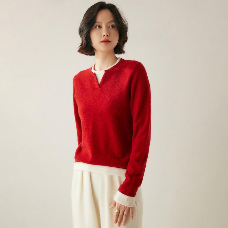 Korean Style Color Block Women's Cashmere Knit Patchwork Top - Fake Two-Piece, Round Neck, Long Sleeve
