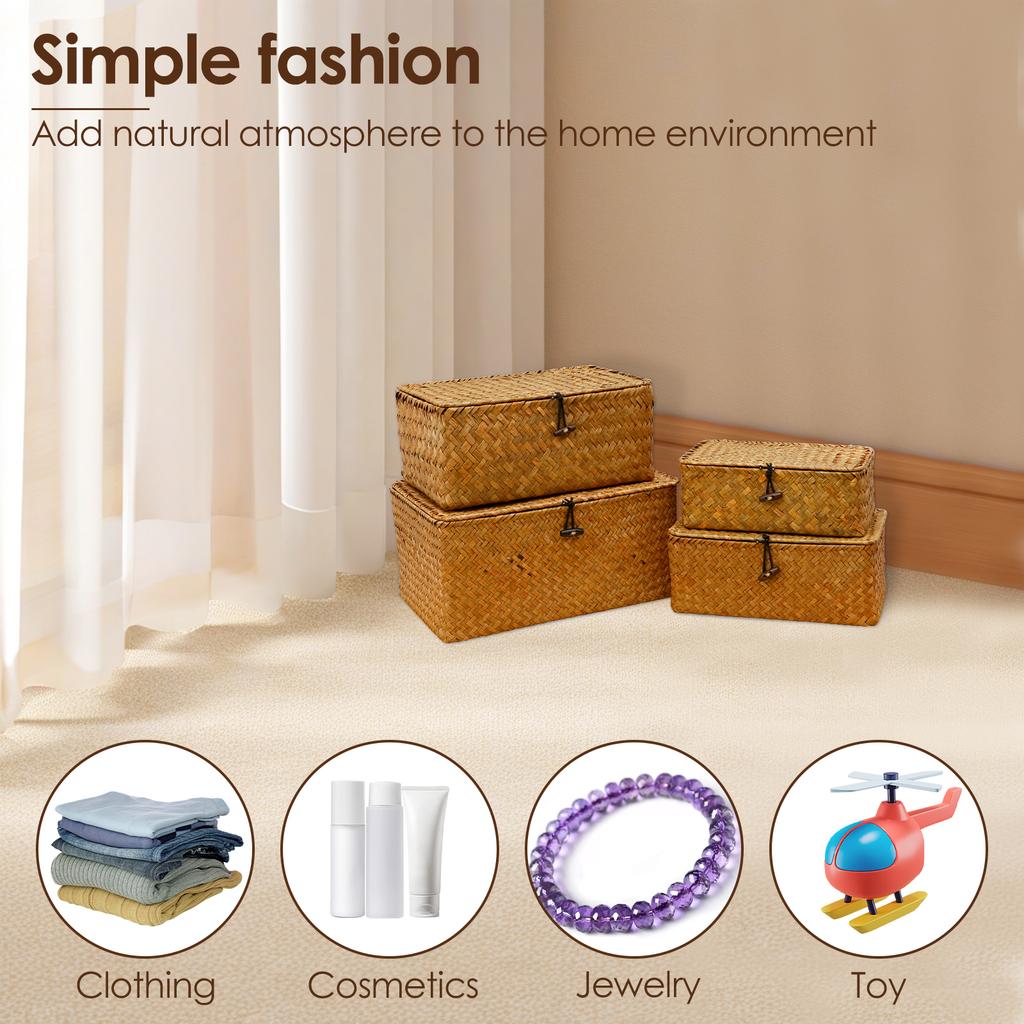 4Pcs Seagrass Rattan Storage Bin Household Clothes Toy Storage Box for Living Room Table Sundries Organizers Basket