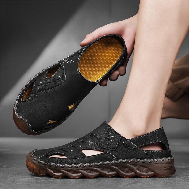 Men Outdoor Hiking Sandals Handmade Flats Black Summer Roman Sandals Retro Wide Leather Beach Shoes Over Sized