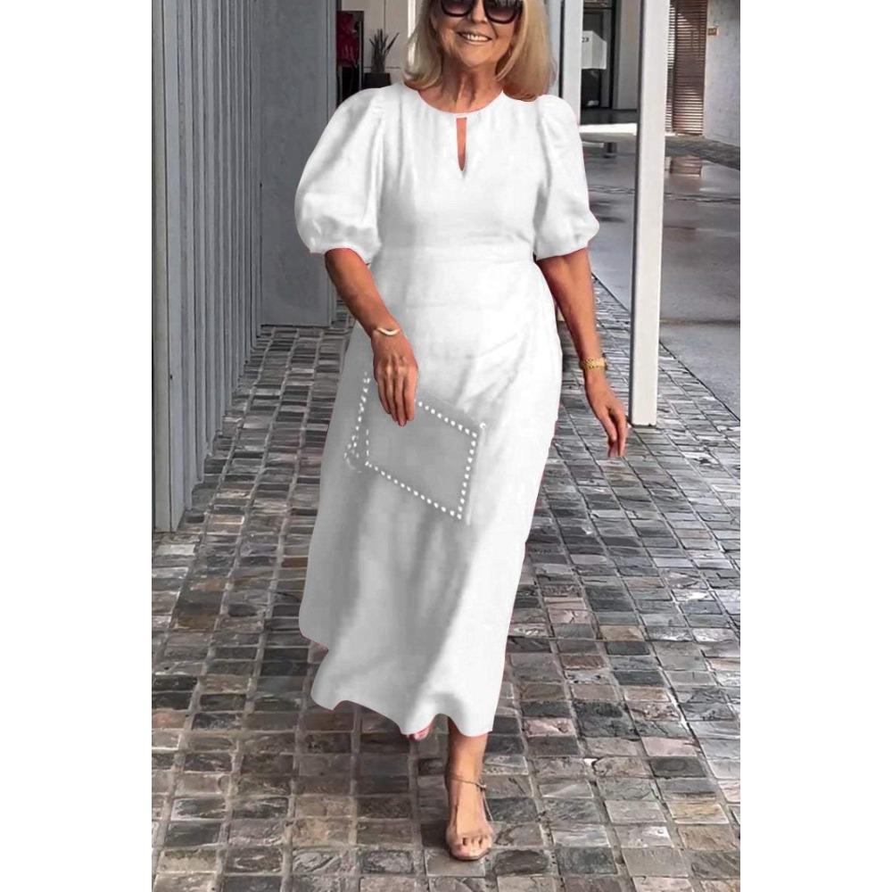 women s Round Neck Keyhole Puff Sleeve Solid Color A-Line Midi Dress S белый
