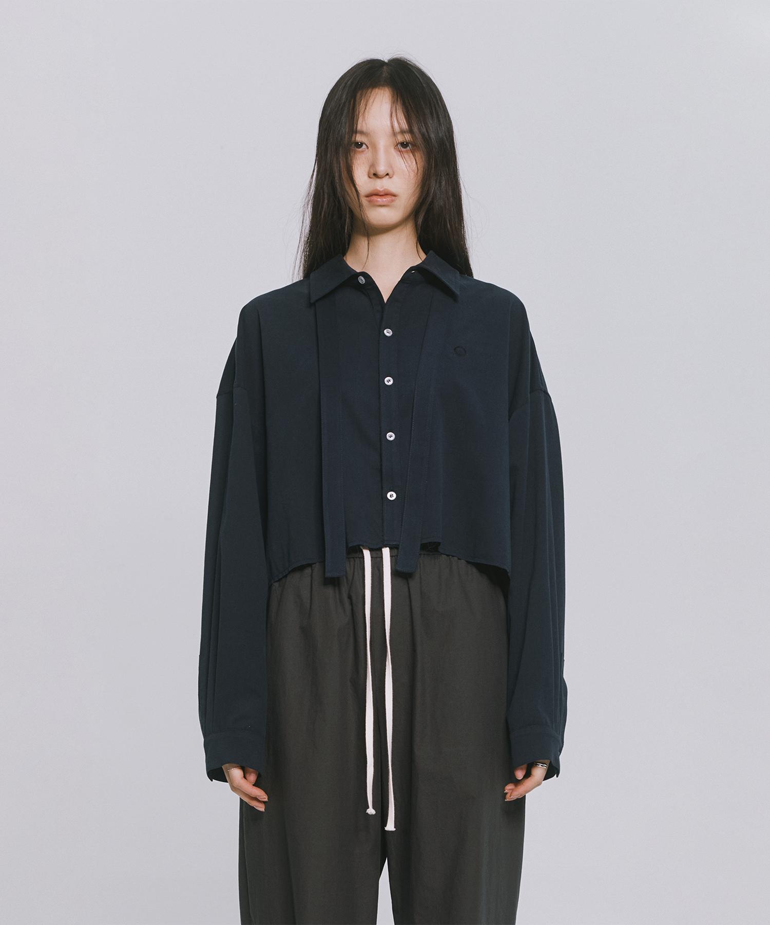 Monophobia Strap Tie Neck Crop Blouse Navy M