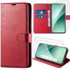 Coque + 2 Verres Trempés pour Xiaomi 15 Pro, Protection Flip Case Antichoc Anti-Rayures Cuir Synthétique - Rouge