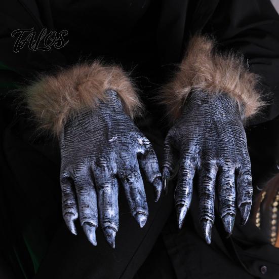 Werewolf Claw Gloves Realistic Claws Gloves, Furry Black Wolf Paw Costume Headgear, Halloween Non-falling Decoration Beast Animal Props for