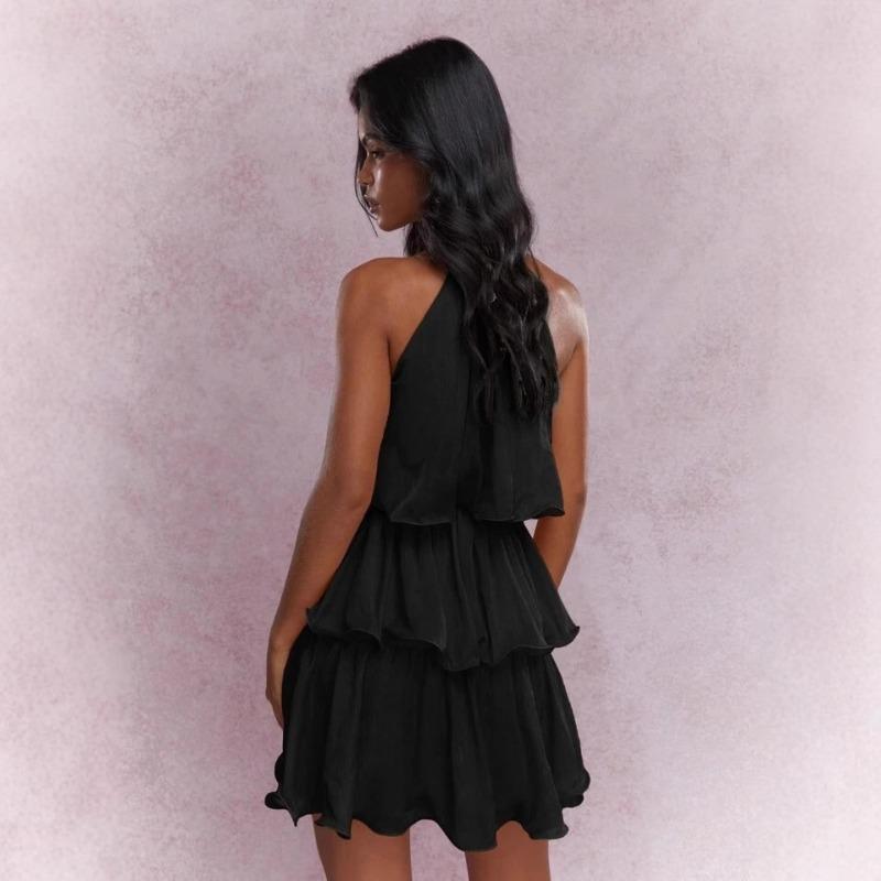 Vestido de Verano Nuevo Cuello Sin Mangas Tul de Gama Alta Borde con Volantes Temperamento Elegante