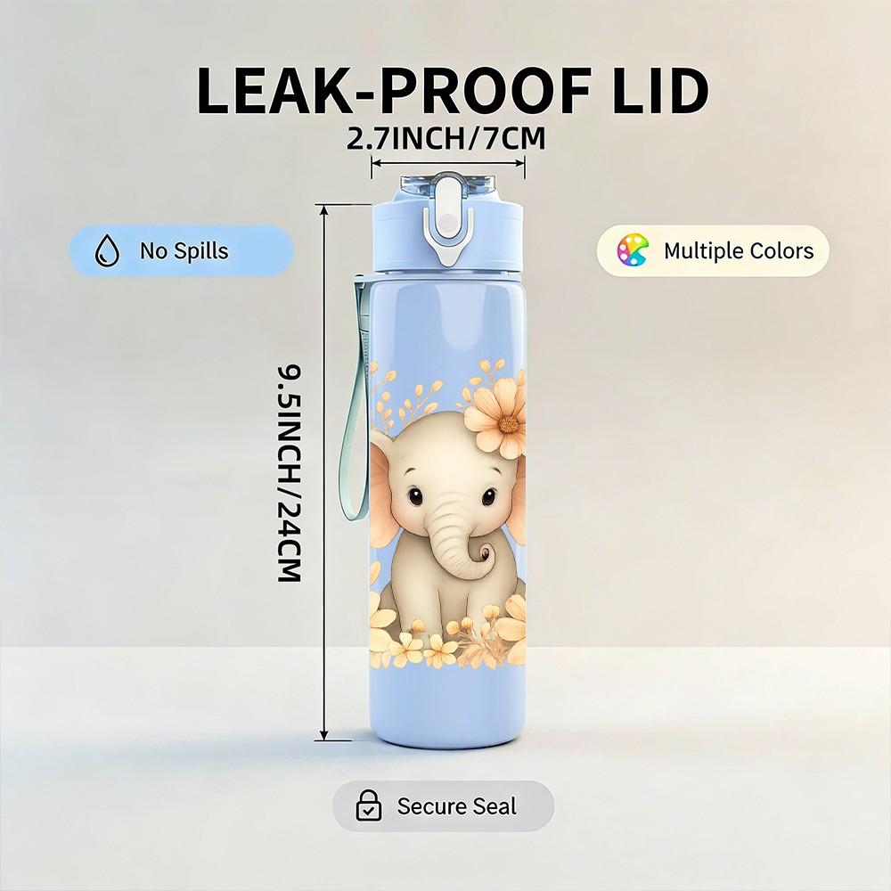 1PC Floral Baby Elephant Cartoon 750ml Color Plastic Sports Water Bottle Leakproof Flip Straw Lid Suitable for Sports Office Home Use