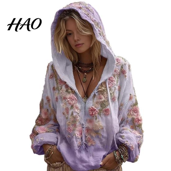 Windproof Neck Protection Top Women Tops 3D Flower Decor Hooded Zipper Sweatshirt Long Autumn Winter Warm Sleeve Loose Fit Casual Sporty Outerwear