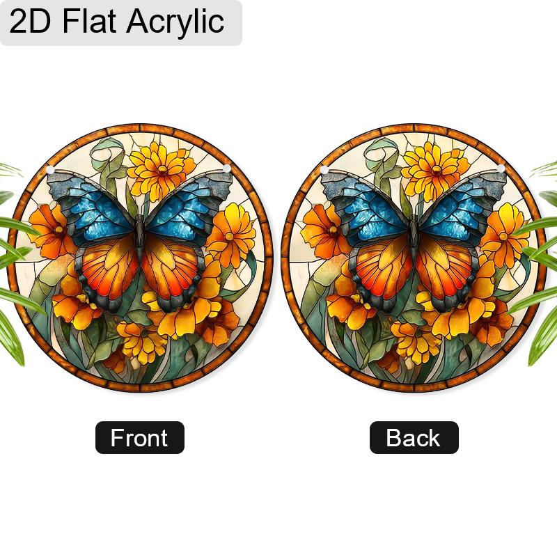 Acrylic Blue-Orange Butterfly with Yellow Flowers Suncatcher, Stained Glass Effect Window Hanging Ornament for Nature & Art Lover Gifts
