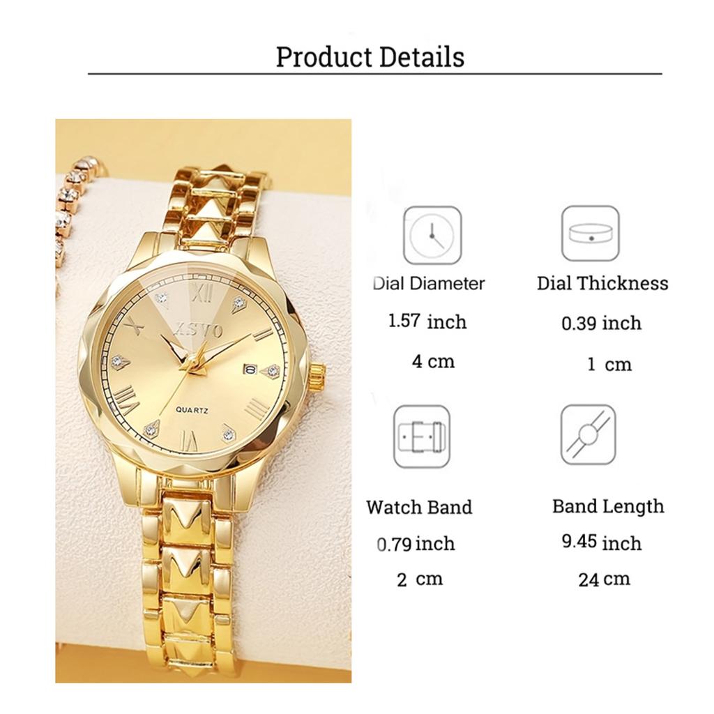 New Women's Roman Dial Gold Quartz Watch Bracelet Necklace Set, Fashionable Diamond-Embedded Quartz Wristwatch