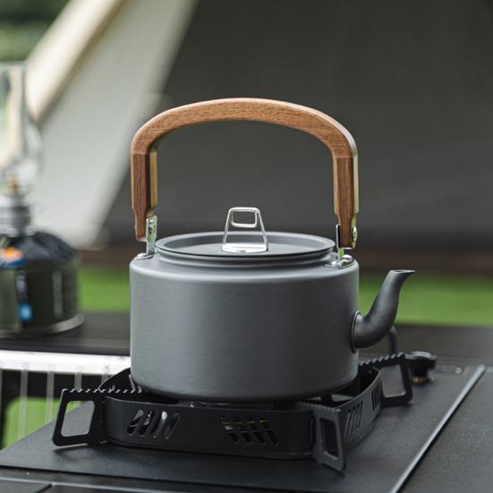 1.2L Aluminum Alloy Camping Kettle with Anti-Scalding Wooden Handle Portable Lightweight Outdoor Traveling Hiking Picnic Coffee Pot Tea Kettle