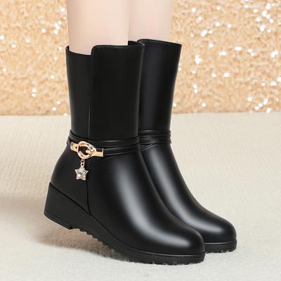 Donna Inverno Caldo Plus Pile Neve Zeppa Stivali Stivali in Pelle PU Fondo Piatto Tubo Medio Mamma Comfort Scarpe in Cotone