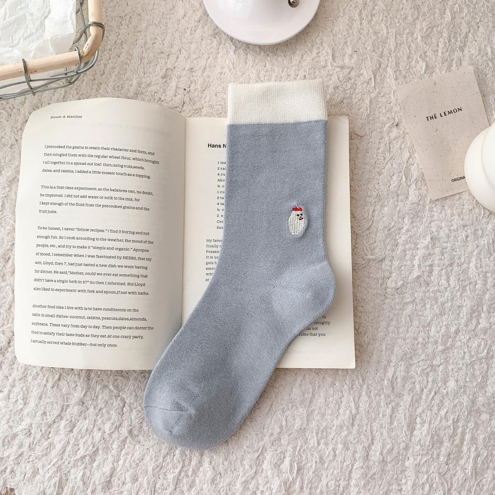 Color-Blocking Cartoon Bestickte Socken für Damen, Mid-Calf Socken, Niedliche Kleine Tiere, Color-Blocking, Trendige und Personalisierte Nahtlose Baumwollsocken