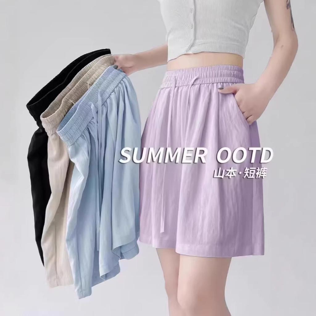 Ice Silk Wide-leg Yamamoto Shorts for Women's Outer Wear, Breathable, Loose and Casual Without Curling Edges, High Waist and High Elasticity