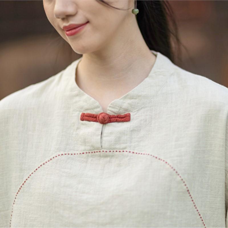 Johnature Camisetas Vintage Bordadas para Mujer Color Sólido Cuello Alto Manga Larga Otoño Botón Suaves