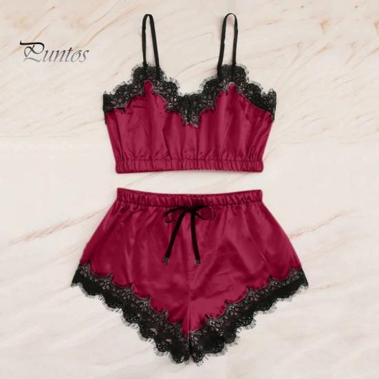 Dámský dvoudílný pyžamový set Krajkový lem Výstřih do V Cami Crop Top Šortky s elastickým pasem Ležérní bez rukávů Noční oblečení Lounge set