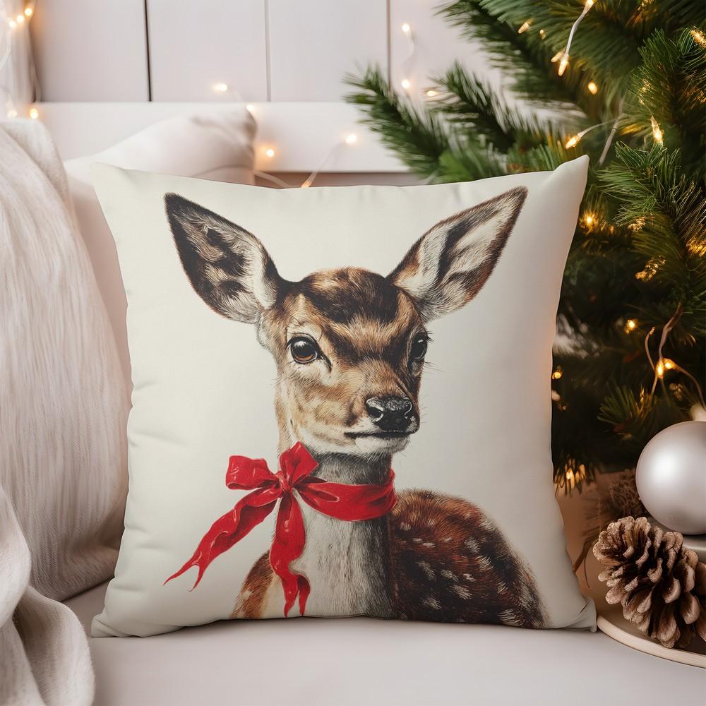 Home Decor Deer with Red Bow Christmas Pillow Cover Pattern Cushion Cover Suitable for Sofa Bedroom Car Pillow Cover
