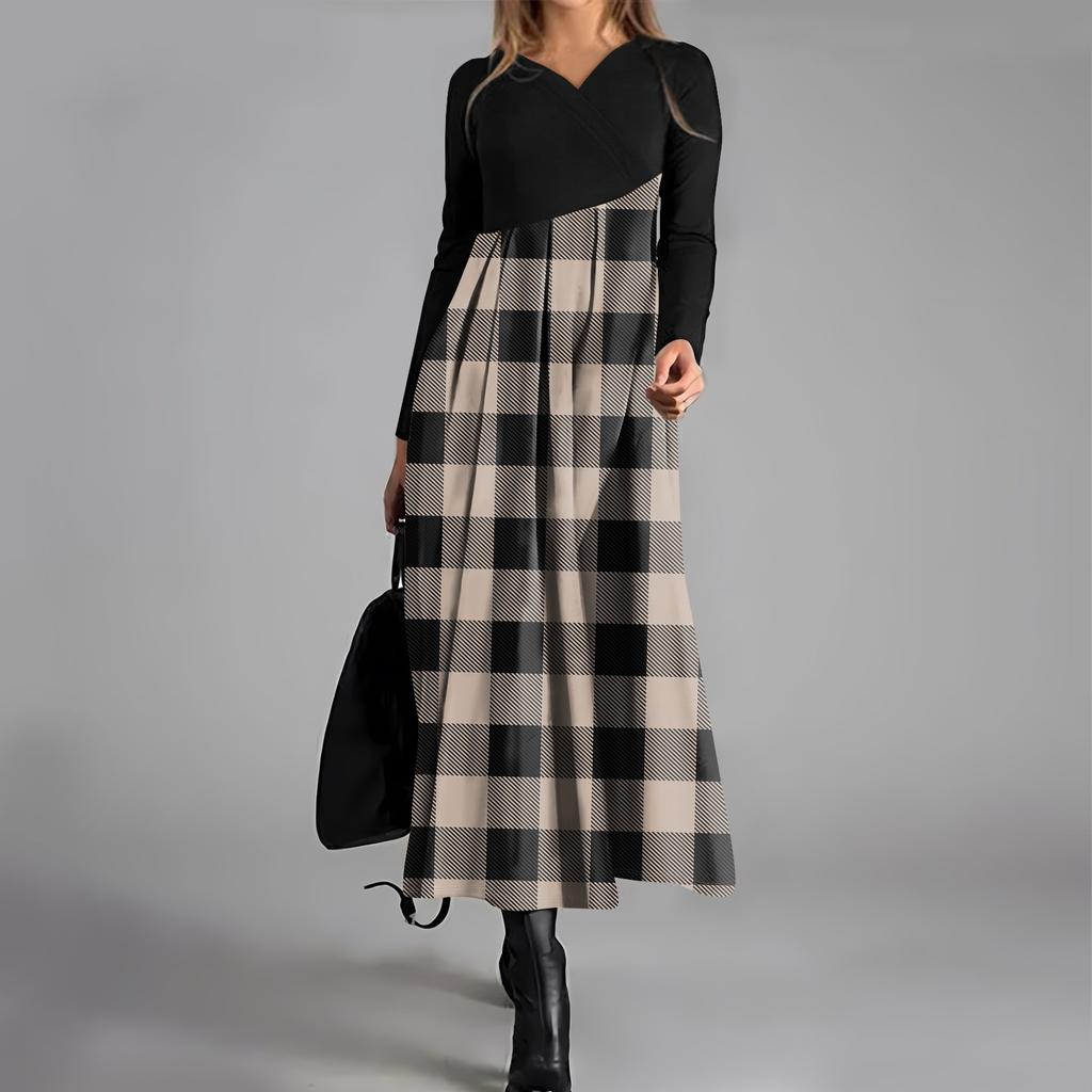 Dámské ležérní šaty s dlouhým rukávem s výstřihem do V, kostkovaným potiskem, stahovací kapsou v pase a velkými swingovými šaty